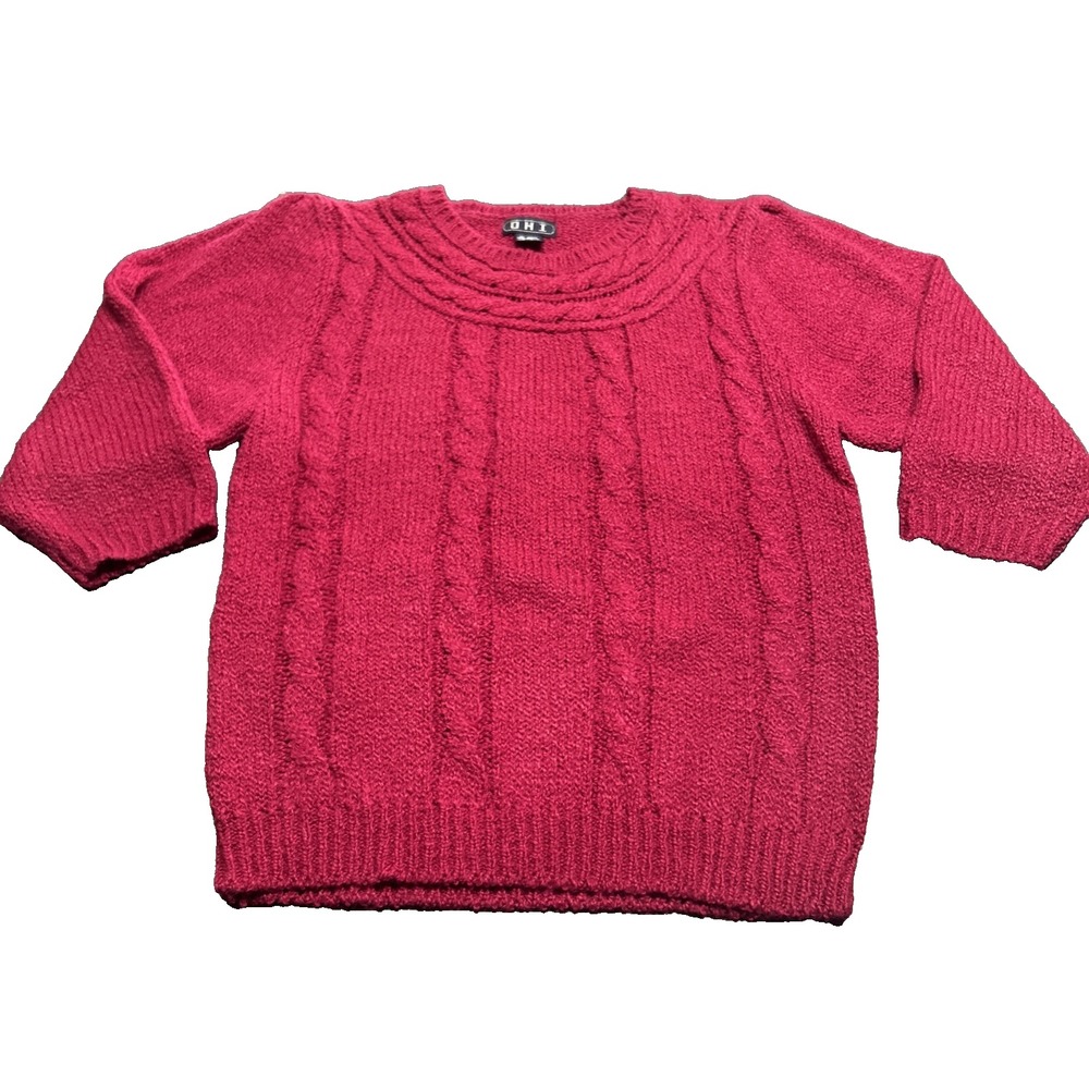 Vintage Cable Knit Crew Neck Sweater M Pink 3/4 Sleeve Cottage Core Retro 90s
